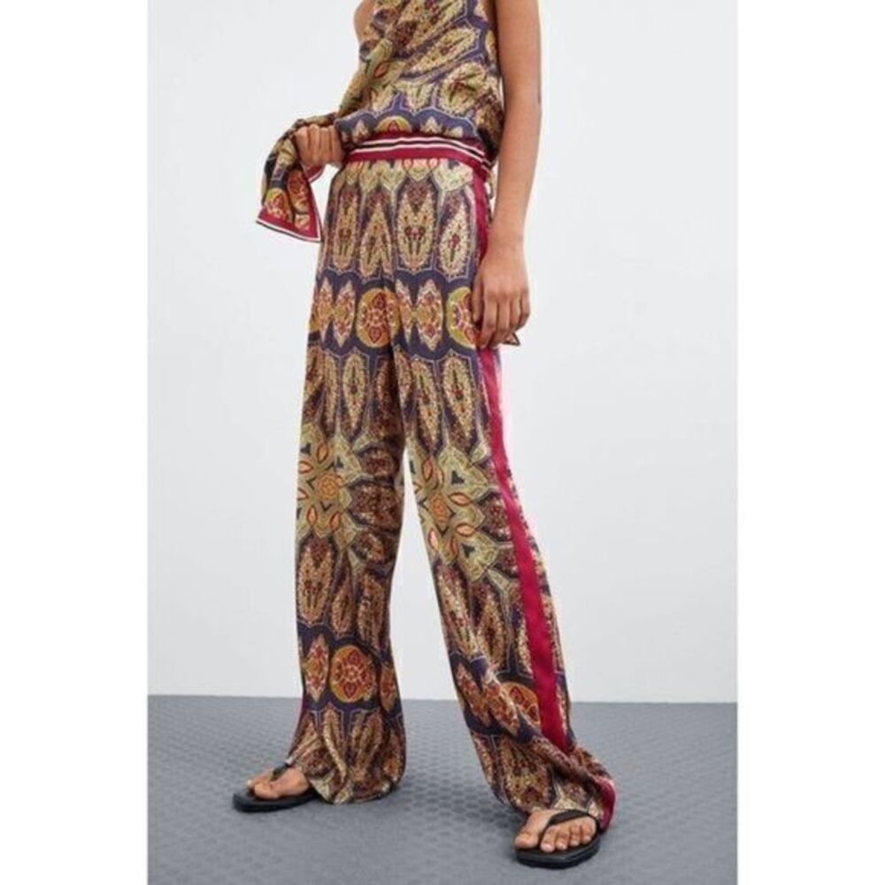 ZARA NWT Red Paisley Palazzo Maxi Long Pants SMALL